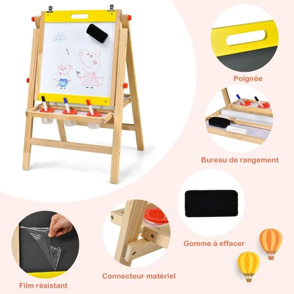Chevalet d’Art 3-en-1 pour Enfants de 3+Ans avec Hauteur Réglable sur 5 Positions Plateau de Rangement et Tableau à 2 Faces Jaune/Gris