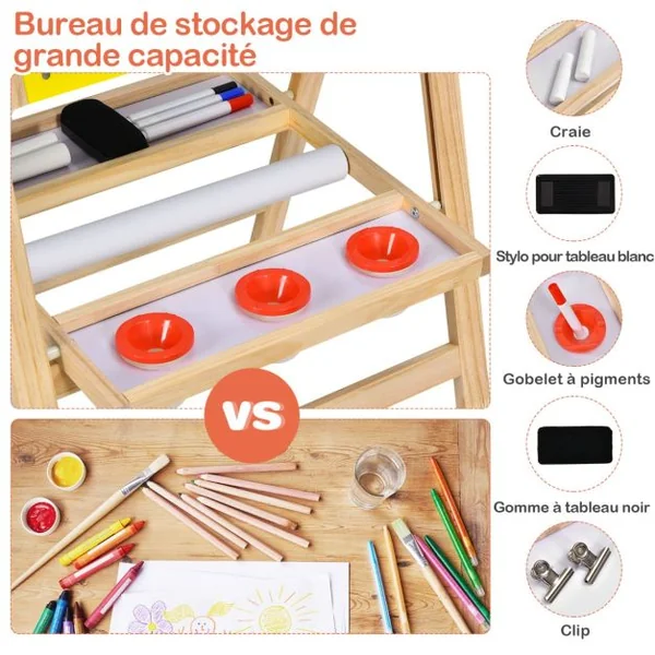 Chevalet d’Art 3-en-1 pour Enfants de 3+Ans avec Hauteur Réglable sur 5 Positions Plateau de Rangement et Tableau à 2 Faces Jaune/Gris