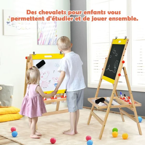 Chevalet d’Art 3-en-1 pour Enfants de 3+Ans avec Hauteur Réglable sur 5 Positions Plateau de Rangement et Tableau à 2 Faces Jaune/Gris