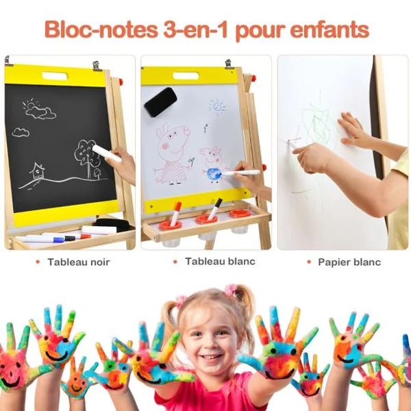 Chevalet d’Art 3-en-1 pour Enfants de 3+Ans avec Hauteur Réglable sur 5 Positions Plateau de Rangement et Tableau à 2 Faces Jaune/Gris