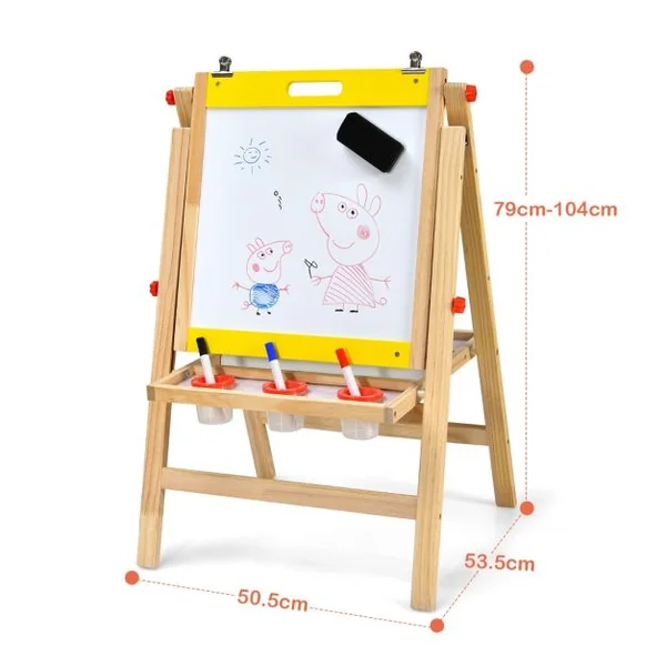 Chevalet d’Art 3-en-1 pour Enfants de 3+Ans avec Hauteur Réglable sur 5 Positions Plateau de Rangement et Tableau à 2 Faces Jaune/Gris