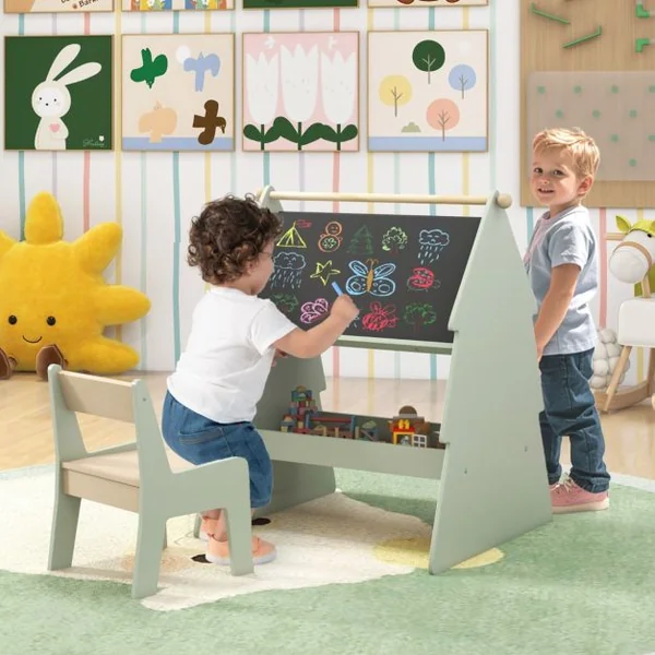 Chevalet d'Art pour Enfants avec Tabouret Ensemble 2 en 1 Tabouret et Tableau Noir Double Face avec Support Vert