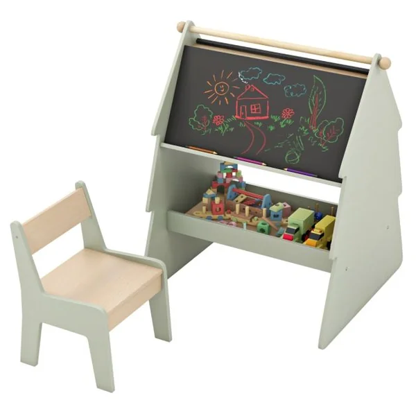 Chevalet d'Art pour Enfants avec Tabouret Ensemble 2 en 1 Tabouret et Tableau Noir Double Face avec Support Vert