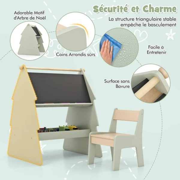Chevalet d'Art pour Enfants avec Tabouret Ensemble 2 en 1 Tabouret et Tableau Noir Double Face avec Support Vert