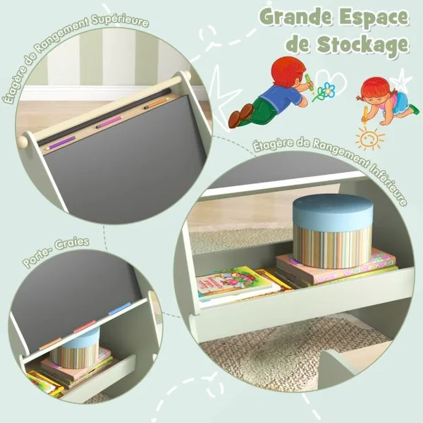 Chevalet d'Art pour Enfants avec Tabouret Ensemble 2 en 1 Tabouret et Tableau Noir Double Face avec Support Vert