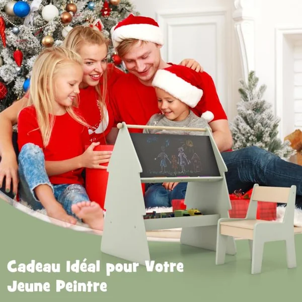 Chevalet d'Art pour Enfants avec Tabouret Ensemble 2 en 1 Tabouret et Tableau Noir Double Face avec Support Vert