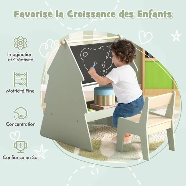Chevalet d'Art pour Enfants avec Tabouret Ensemble 2 en 1 Tabouret et Tableau Noir Double Face avec Support Vert