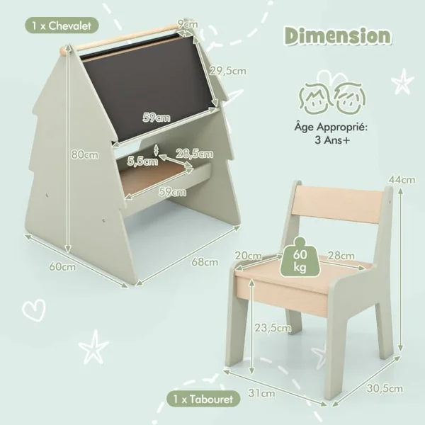 Chevalet d'Art pour Enfants avec Tabouret Ensemble 2 en 1 Tabouret et Tableau Noir Double Face avec Support Vert