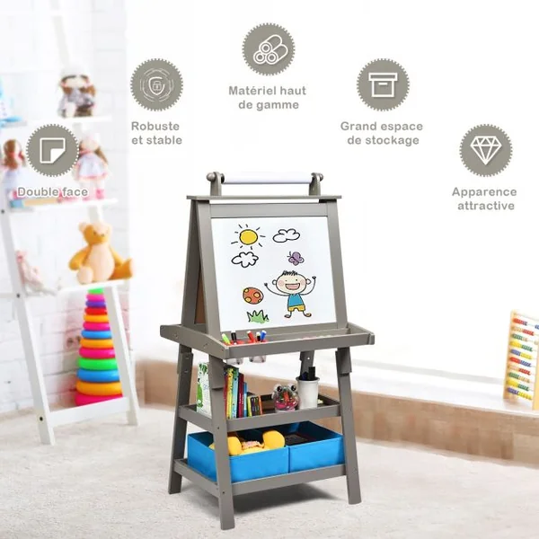 Chevalet pour Enfants 3 en 1 Tableau de Dessin Magnétique Double Faces (Tableau Blanc + Tableau Noir) 7 Couleurs au Choix