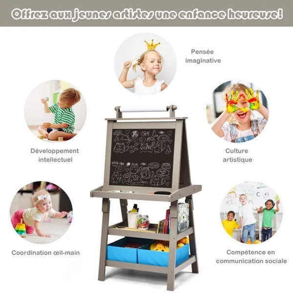 Chevalet pour Enfants 3 en 1 Tableau de Dessin Magnétique Double Faces (Tableau Blanc + Tableau Noir) 7 Couleurs au Choix