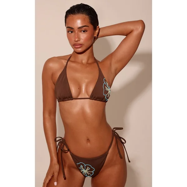 Chocolat Bas De Bikini À Nouer Sur Les Côtés Motif Hibiscus Perlé