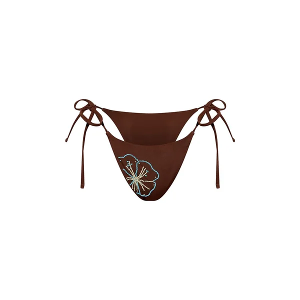 Chocolat Bas De Bikini À Nouer Sur Les Côtés Motif Hibiscus Perlé