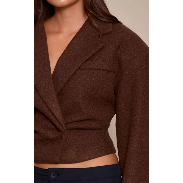 Chocolat Blazer Cintré Court Aspect Laine