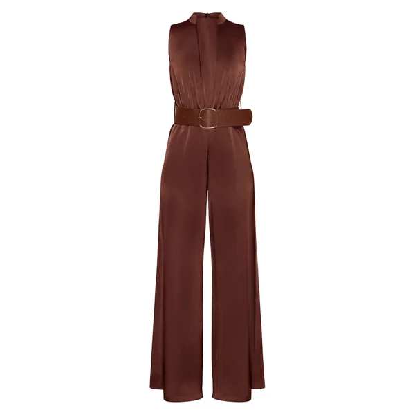 Chocolat Combinaison Pantalon Large En Satin Col Montant Avec Ceinture