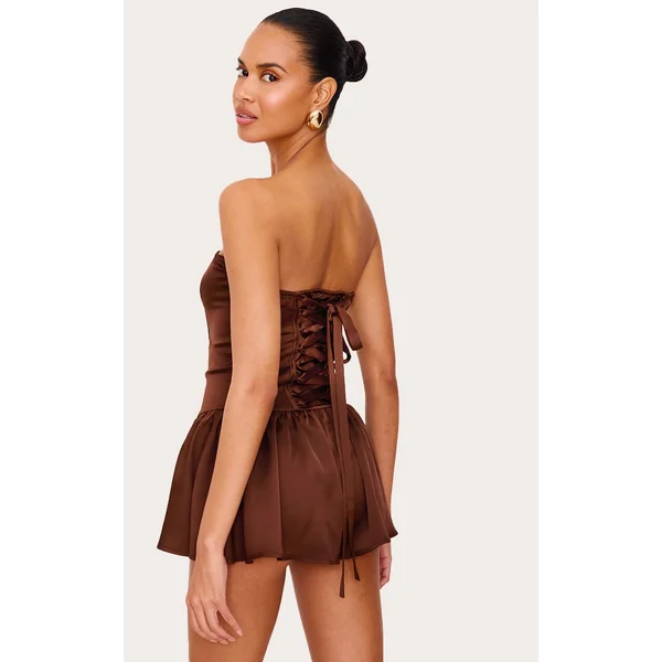 Chocolat Combi-short Bustier Satiné Avec Détails Corset
