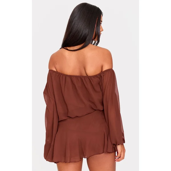 Chocolat Combi-short Jupe-culotte En Mousseline Vert Foncé À Une Épaule Avec Détail Flottant