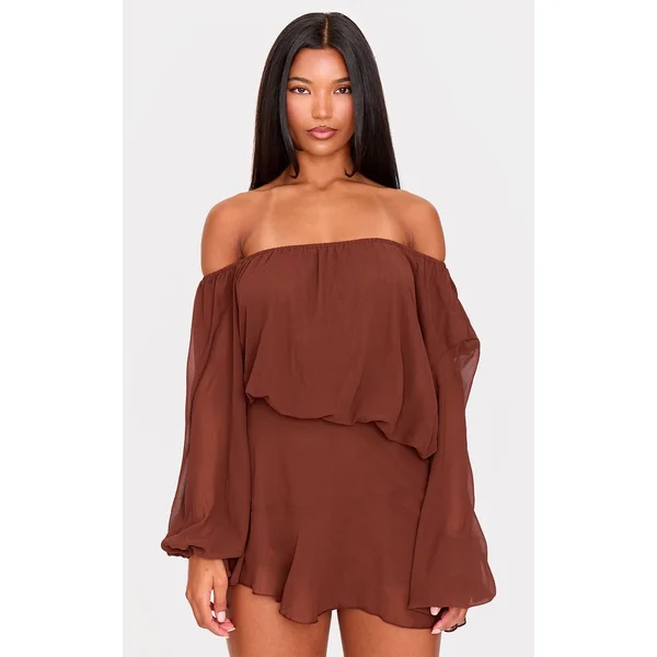 Chocolat Combi-short Jupe-culotte En Mousseline Vert Foncé À Une Épaule Avec Détail Flottant