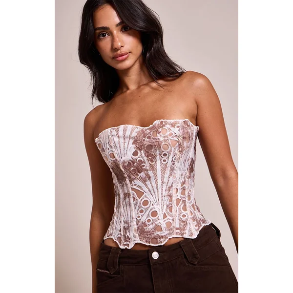 Chocolat Corset En Dentelle Florale Transparente Texturée Petite Taille