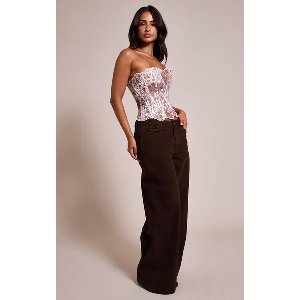 Chocolat Corset En Dentelle Florale Transparente Texturée Petite Taille