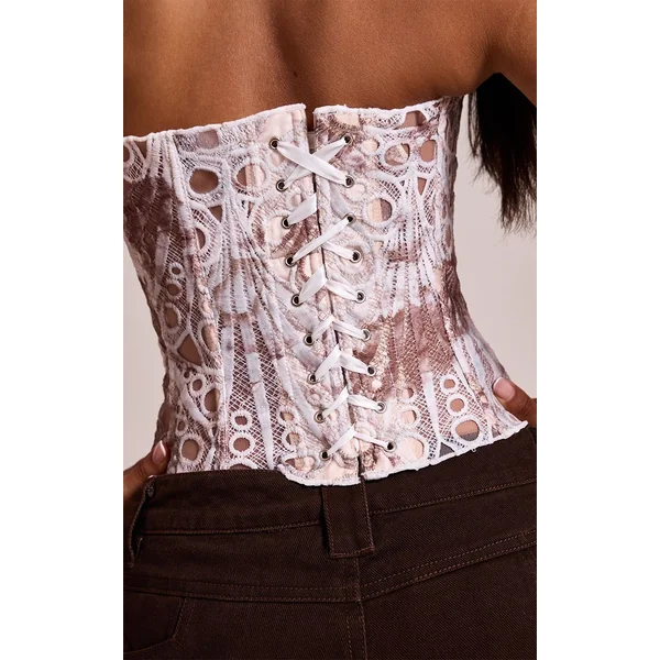 Chocolat Corset En Dentelle Florale Transparente Texturée Petite Taille