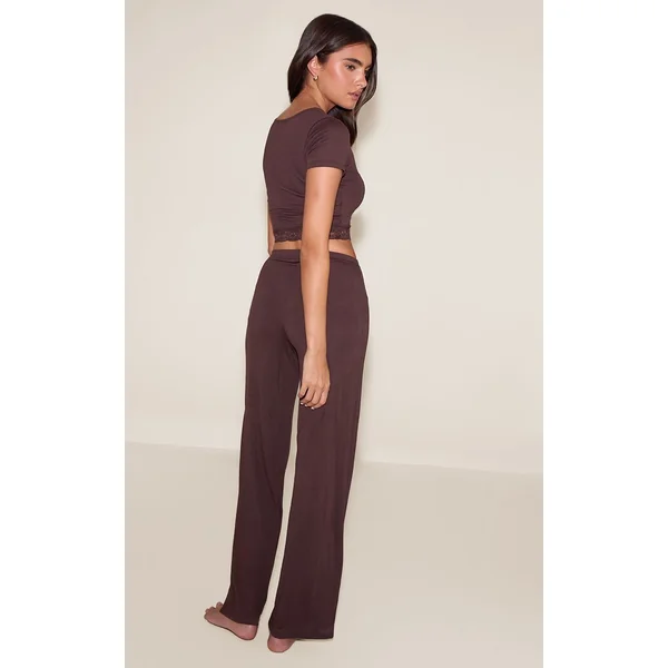Chocolat Ensemble Pyjama Long En Jersey Avec Finitions En Dentelle