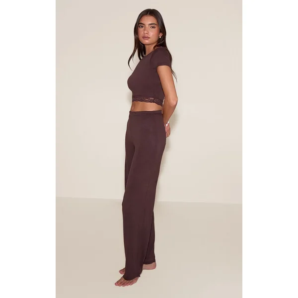Chocolat Ensemble Pyjama Long En Jersey Avec Finitions En Dentelle