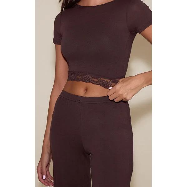 Chocolat Ensemble Pyjama Long En Jersey Avec Finitions En Dentelle