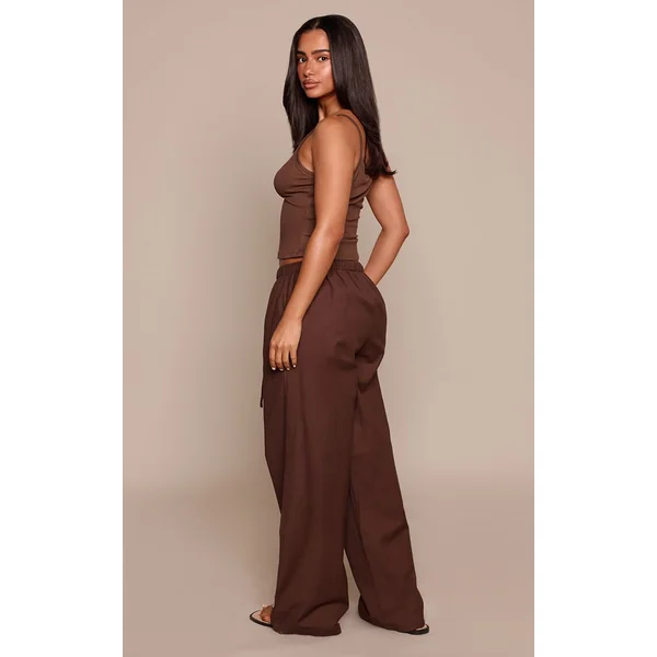 Chocolat Foncé Pantalon Petite En Lin Avec Taille À Cordon Coulissant