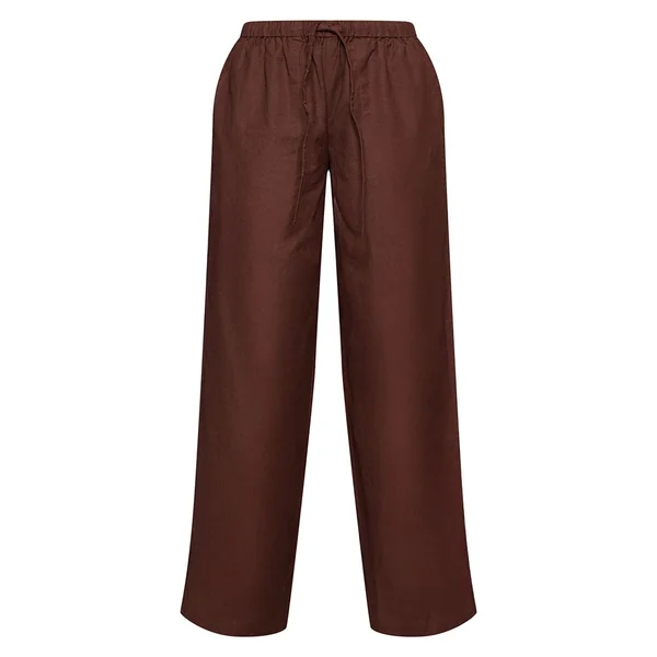 Chocolat Foncé Pantalon Petite En Lin Avec Taille À Cordon Coulissant