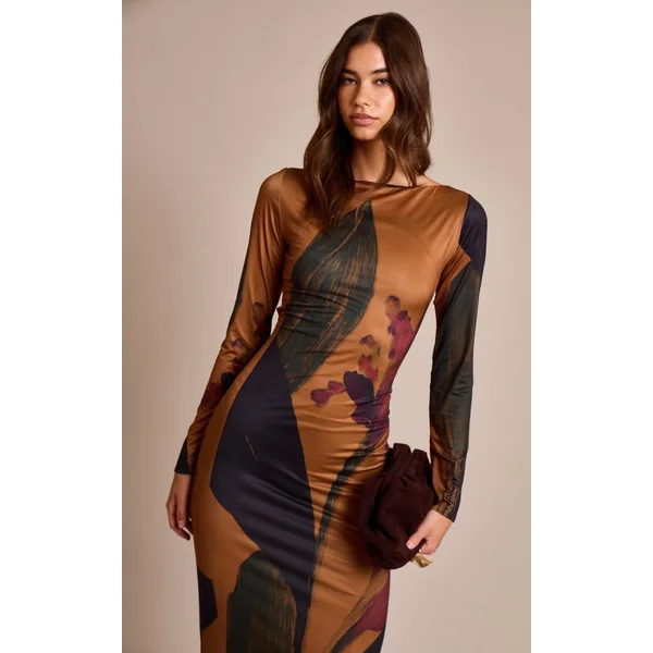 Chocolat Foncé Robe Longue Moulante À Manches Longues Et Imprimé Floral