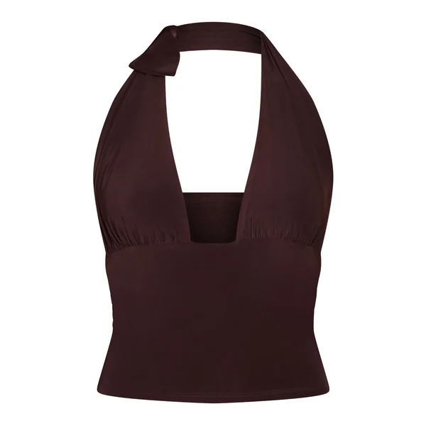 Chocolat Foncé Top Long Plongeant À Double Couche Satiné Avec Lien Au Cou