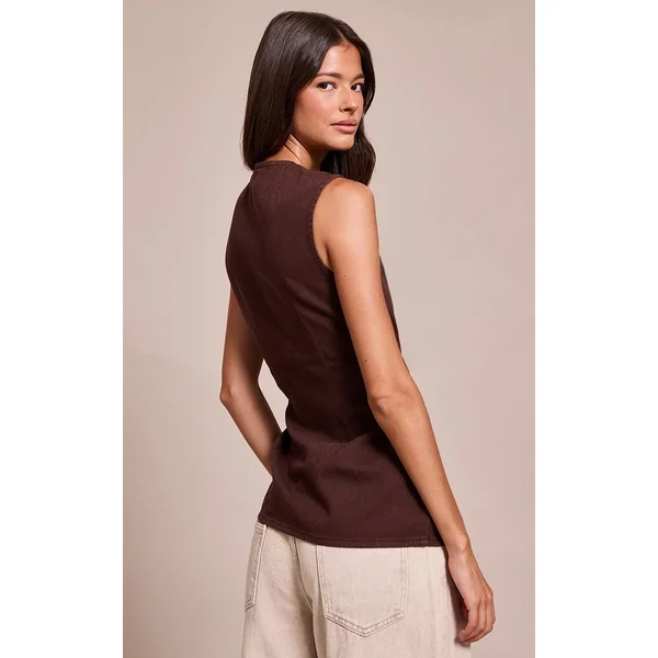 Chocolat Gilet Long En Jean Ajusté De Style Tailleur