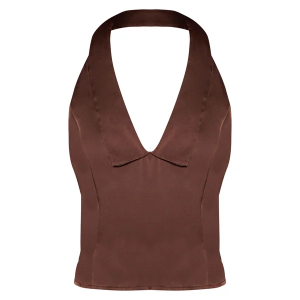 Chocolat Haut Col Halter En Satin Chocolat Avec Col Structuré