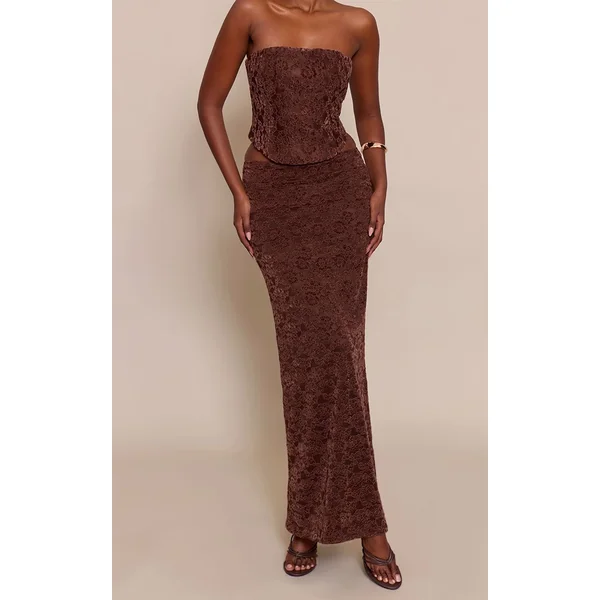 Chocolat Jupe Longue En Velours Dentelle Taille Mi-haute Ensemble Coordonné