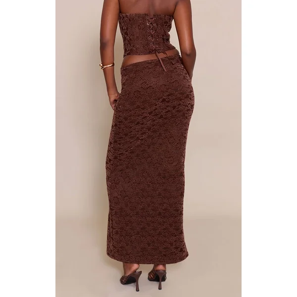Chocolat Jupe Longue En Velours Dentelle Taille Mi-haute Ensemble Coordonné