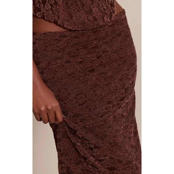 Chocolat Jupe Longue En Velours Dentelle Taille Mi-haute Ensemble Coordonné