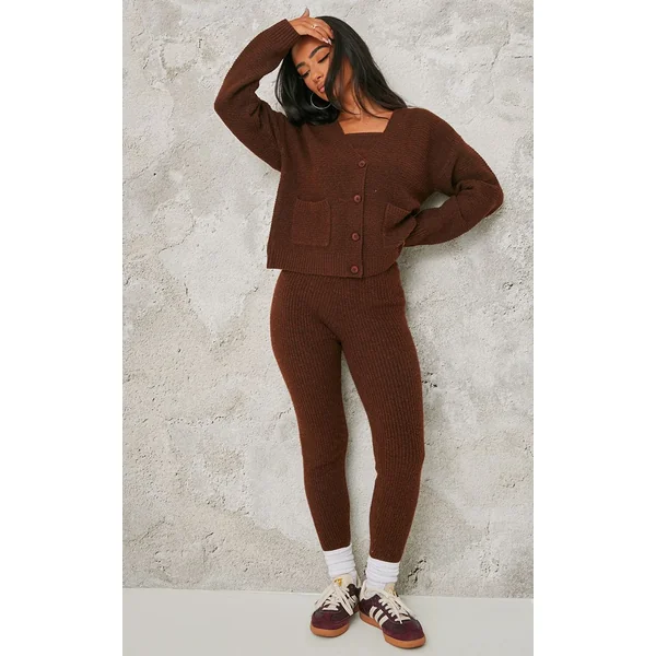 Chocolat Legging Côtelé En Maille Petite Taille