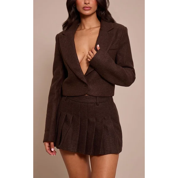 Chocolat Mini-jupe Plissée Effet Laine Petite Taille Ensemble Coordonné