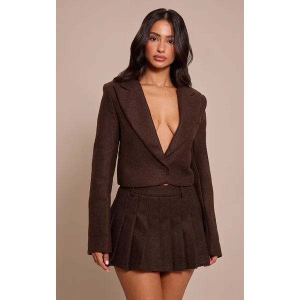 Chocolat Mini-jupe Plissée Effet Laine Petite Taille Ensemble Coordonné