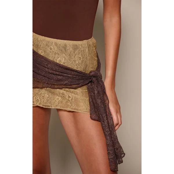 Chocolat Mini-jupe Portefeuille En Dentelle Contrastée