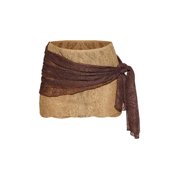 Chocolat Mini-jupe Portefeuille En Dentelle Contrastée