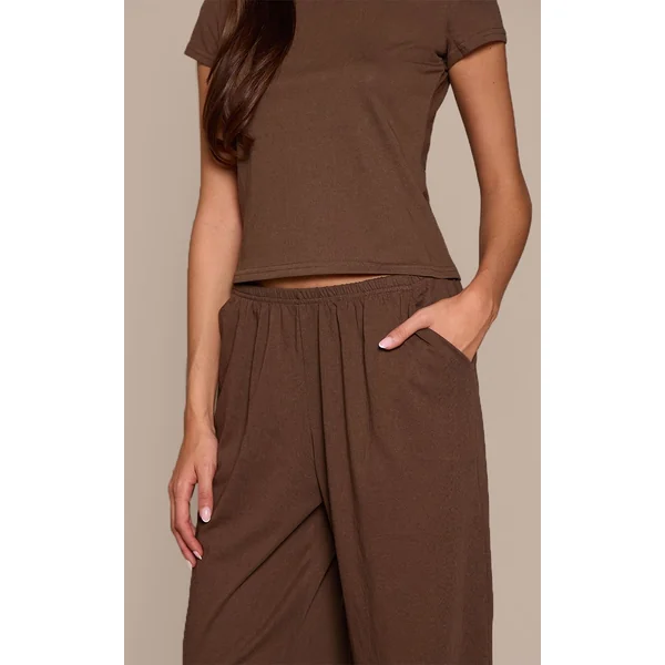 Chocolat Pantalon Large Décontracté À Texture Douce Et Jambe Ample