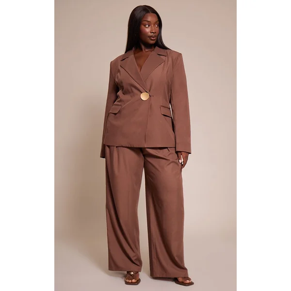 Chocolat Pantalon Large Tailleur Tissé Grande Taille À Pinces Coordonné