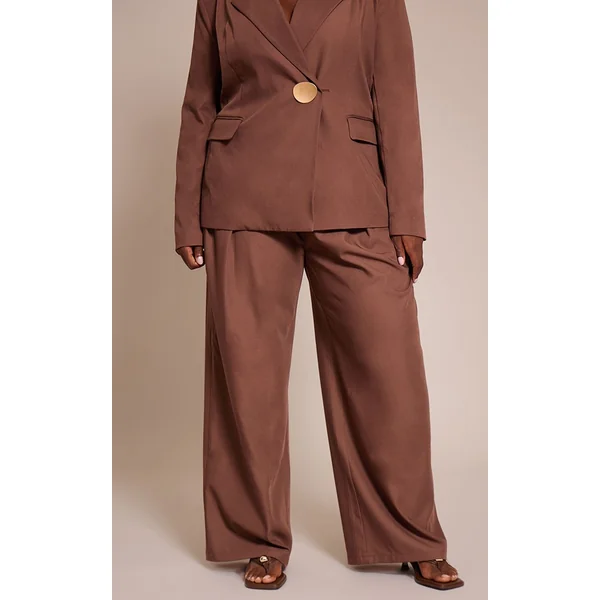 Chocolat Pantalon Large Tailleur Tissé Grande Taille À Pinces Coordonné