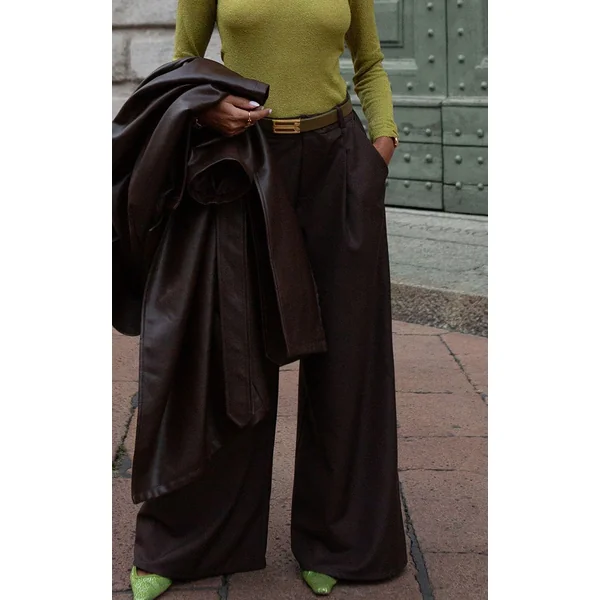 Chocolat Pantalon Large Tissé À Double Pli