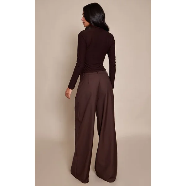 Chocolat Pantalon Large À Double Pli Tissé Pour Grande Taille