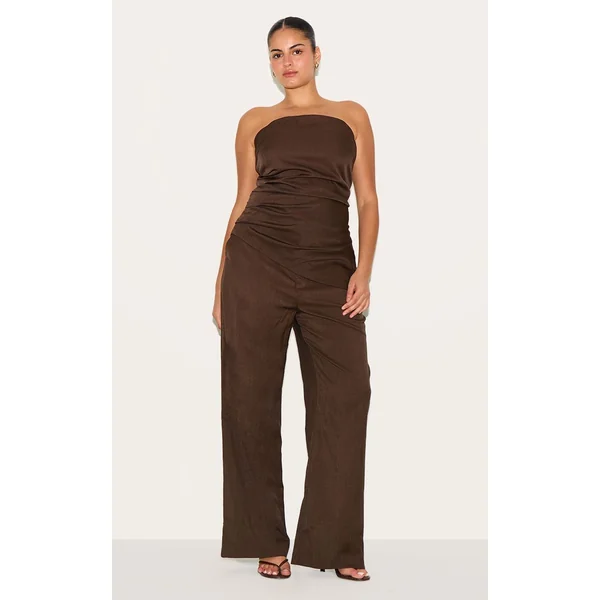 Chocolat Profond Pantalon Large Tailleur Tissé Grande Taille Coordonné