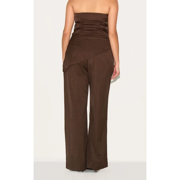 Chocolat Profond Pantalon Large Tailleur Tissé Grande Taille Coordonné