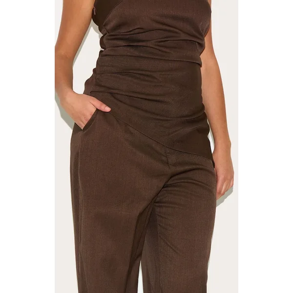 Chocolat Profond Pantalon Large Tailleur Tissé Grande Taille Coordonné