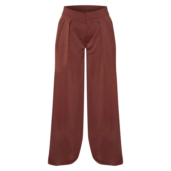 Chocolat Profond Pantalon Large À Double Pli En Tissu Fluide Petite